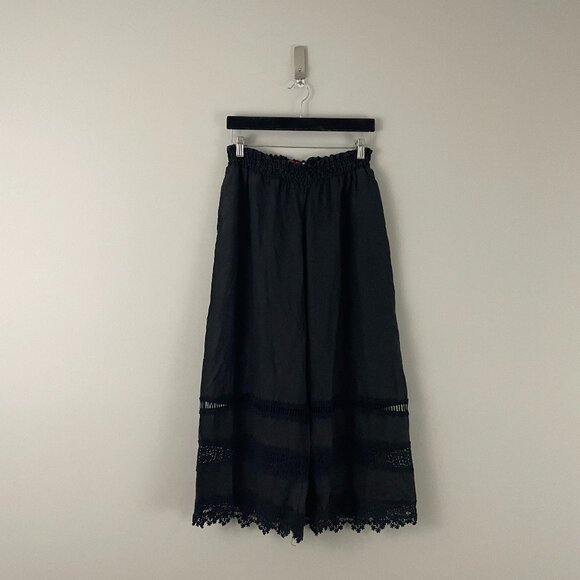 Johnny Was Black Linen Wide Leg Eyelet Pull On Pants Size Medium - Picture 1 of 7